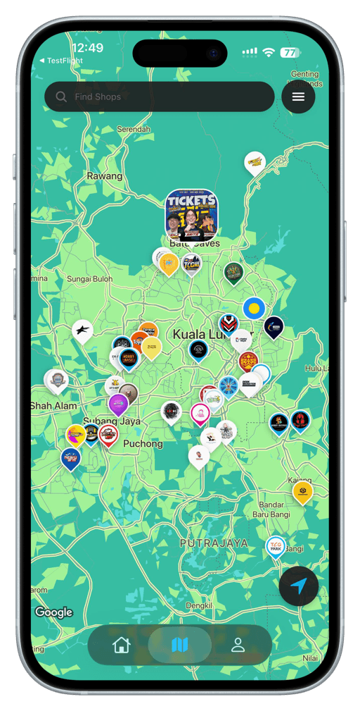 TCGKL mobile app showing store locator map with nearby TCG stores