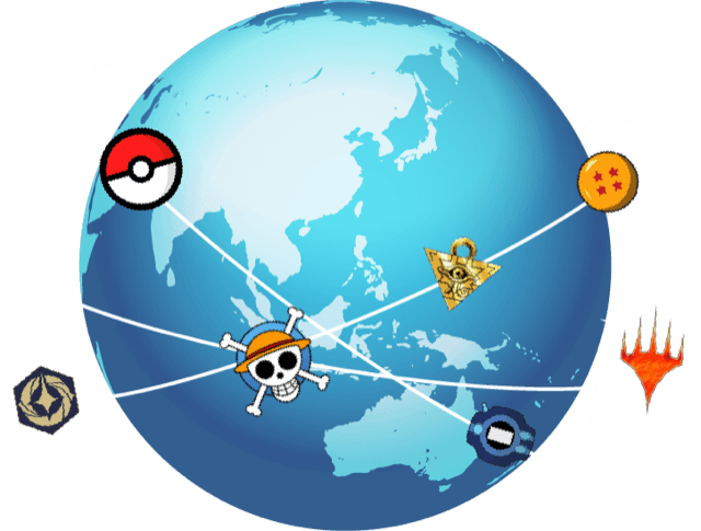 Globe with TCG franchise icons including Pokémon, One Piece, Yu-Gi-Oh, and Dragon Ball